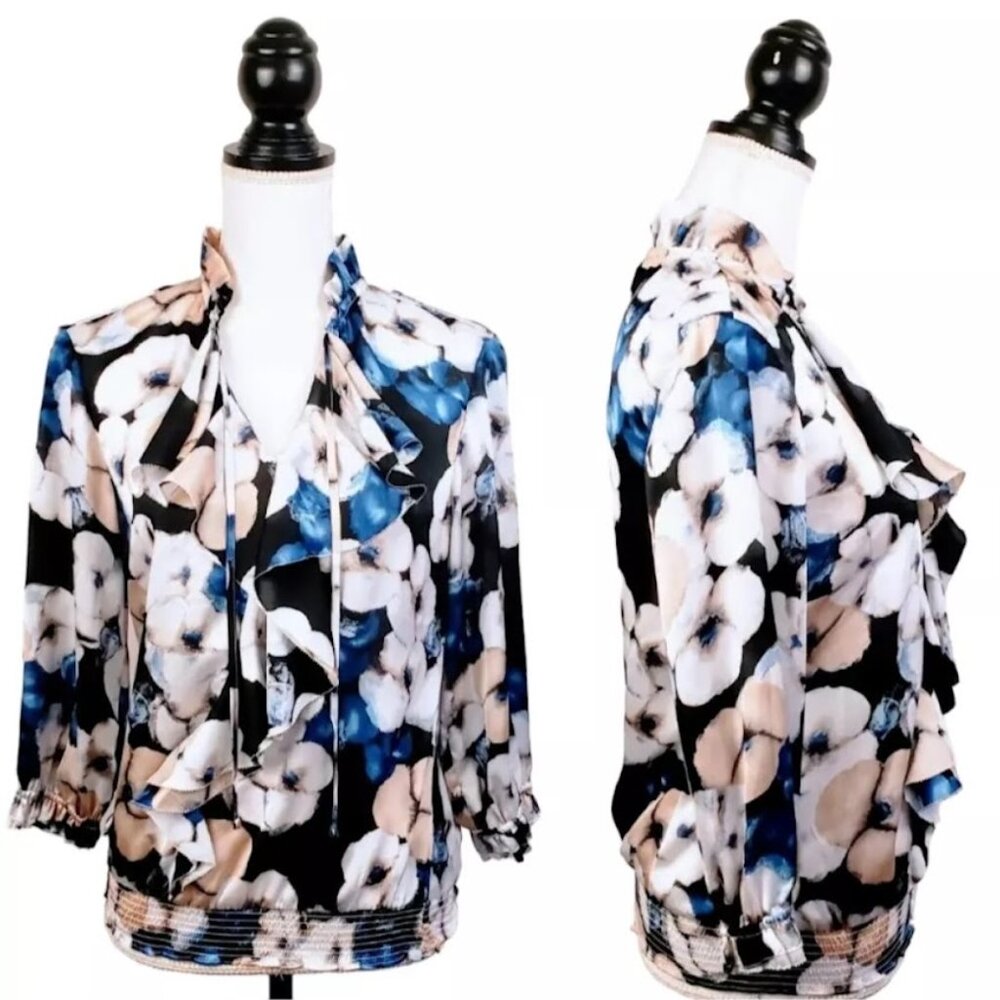 WHITE HOUSE BLACK MARKET Top, Blue White Floral Long Sleeve Ruffle Tassel, XS